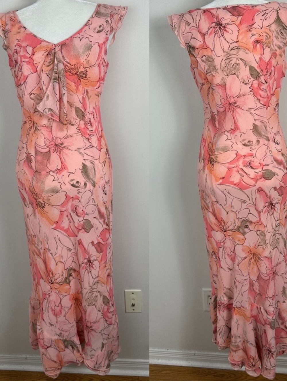 Vintage Y2K Drape Front Ruffle Flutter Sleeve V-Neck Maxi Dress Womens 10 Floral